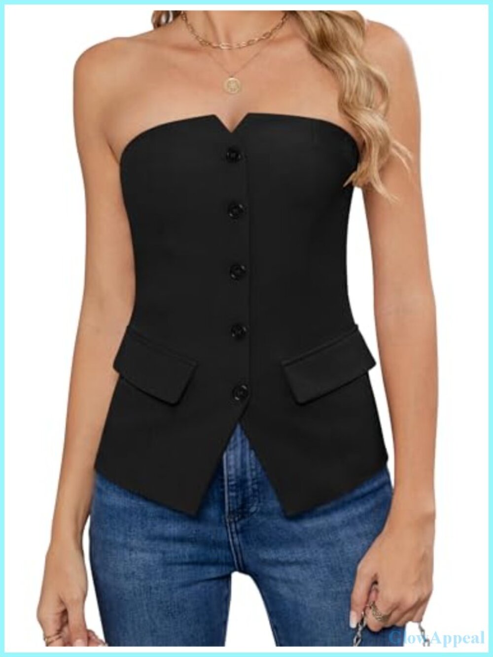 Strapless Button Blazer Vest Notched Neck Sleeveless Work Top